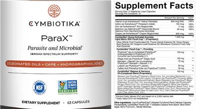 Cymbiotika ParaX source label used in the packaging illustration