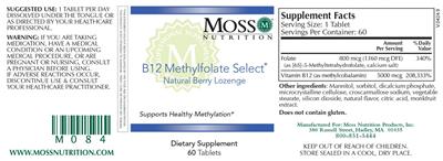 Moss Nutrition B12 Methylfolate Select Natural Berry Lozenge source label used in the packaging illustration