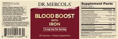 Dr. Mercola Blood Boost with Iron 7.5 mg source label used in the packaging illustration