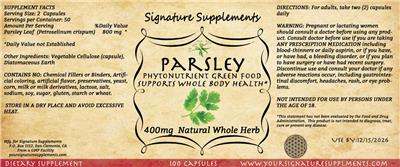 Signature Supplements Parsley 400 mg source label used in the packaging illustration
