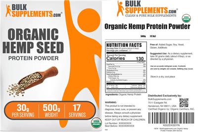 BulkSupplements.com Organic Hemp Seed Protein Powder 30 g source label used in the packaging illustration
