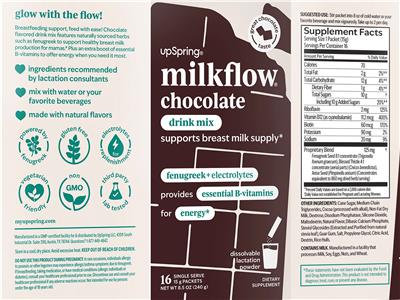 UpSpring MilkFlow Chocolate source label used in the packaging illustration