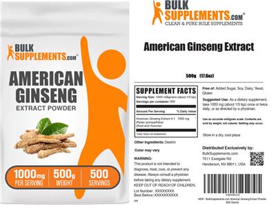 BulkSupplements.com American Ginseng Extract Powder 1000 mg source label used in the packaging illustration