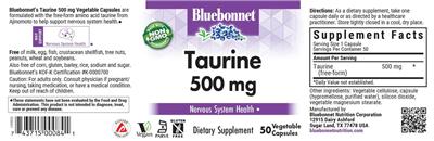 Bluebonnet Taurine 500 mg source label used in the packaging illustration