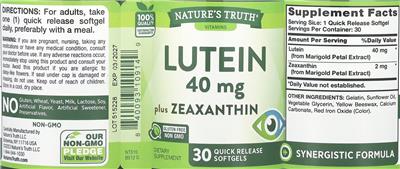 Nature's Truth Lutein 40 mg plus Zeaxanthin source label used in the packaging illustration