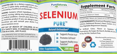 Pure Naturals Selenium Pure 200 mcg source label used in the packaging illustration