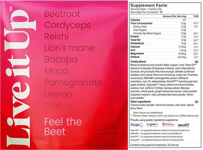 Live it Up Feel the Beet source label used in the packaging illustration