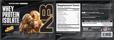 NutraBio Performance Whey Protein Isolate Vanilla Caramel source label used in the packaging illustration