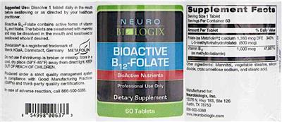 Neurobiologix BioActive B12-Folate source label used in the packaging illustration