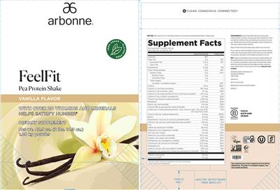 Arbonne FeelFit Pea Protein Shake Vanilla Flavor source label used in the packaging illustration