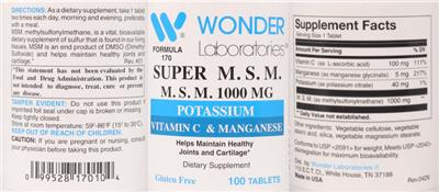 Wonder Laboratories Super M.S.M. 1000 mg source label used in the packaging illustration