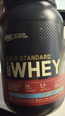 ON Optimum Nutrition Gold Standard 100% Whey Fruity Cereal source label used in the packaging illustration