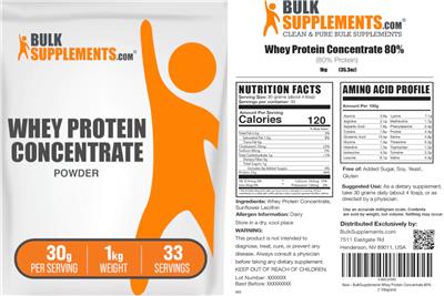 BulkSupplements.com Whey Protein Concentrate Powder 30 g product packaging