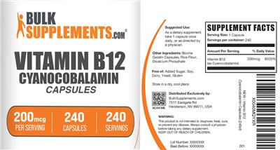 BulkSupplements.com Vitamin B12 Cyanocobalamin 200 mcg product packaging
