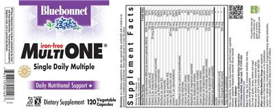 Bluebonnet Multi One Iron-Free source label used in the packaging illustration