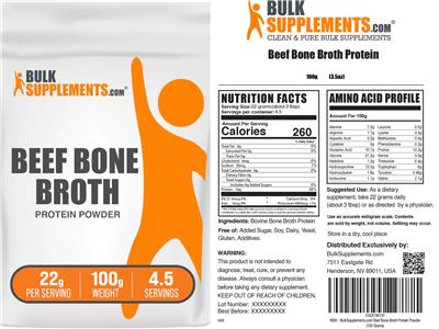 BulkSupplements.com Beef Bone Broth Protein Powder 22 g source label used in the packaging illustration