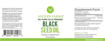 Antler Farms Black Seed Oil source label used in the packaging illustration