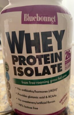 Bluebonnet Whey Protein Isolate Powder Original Flavor source label used in the packaging illustration
