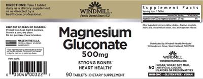Windmill Magnesium Gluconate 500 mg source label used in the packaging illustration