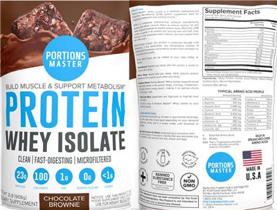 Portions Master Protein Whey Isolate Chocolate Brownie source label used in the packaging illustration