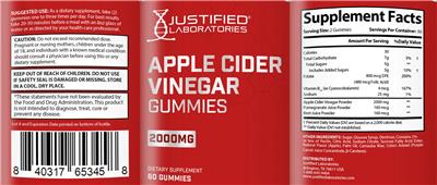 Justified Laboratories Apple Cider Vinegar Gummies 2000 mg source label used in the packaging illustration
