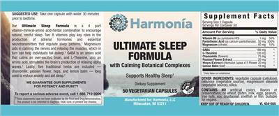 Harmonia Ultimate Sleep Formula source label used in the packaging illustration
