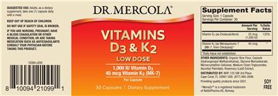 Dr. Mercola Vitamins D3 1000 IU & K2 45 mcg Low Dose source label used in the packaging illustration