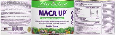 Paradise Maca Up Vanilla Flavor source label used in the packaging illustration