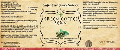 Signature Supplements Green Coffee Bean 400 mg source label used in the packaging illustration