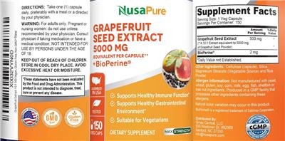NusaPure Grapefruit Seed Extract 5000 mg source label used in the packaging illustration