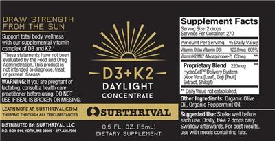 SurThrival D3+K2 Daylight Concentrate source label used in the packaging illustration