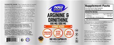 NOW Sports Arginine & Ornithine 500 mg / 250 mg source label used in the packaging illustration
