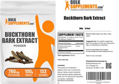 BulkSupplements.com Buckthorn Bark Extract Powder 750 mg source label used in the packaging illustration