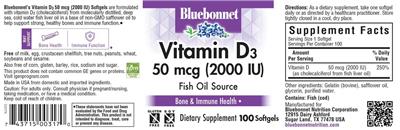 Bluebonnet Vitamin D3 50 mcg (2000 IU) product packaging