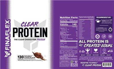 FINAFLEX Clear Protein Double Chocolate source label used in the packaging illustration