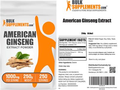 BulkSupplements.com American Ginseng Extract Powder 1000 mg source label used in the packaging illustration