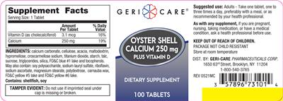Geri-Care Oyster Shell Calcium 250 mg Plus Vitamin D source label used in the packaging illustration