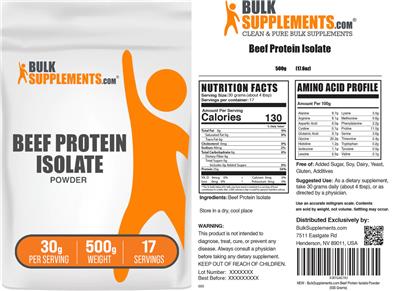 BulkSupplements.com Beef Protein Isolate Powder 30 g source label used in the packaging illustration