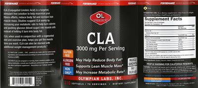 OL Olympian Labs Performance Sports Nutrition CLA source label used in the packaging illustration