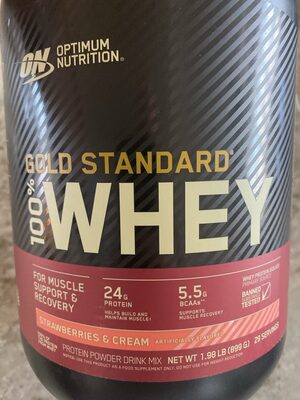 ON Optimum Nutrition Gold Standard 100% Whey Strawberries & Cream source label used in the packaging illustration
