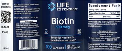 Life Extension Biotin 600 mcg source label used in the packaging illustration