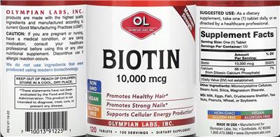 OL Olympian Labs Biotin 10000 mcg source label used in the packaging illustration