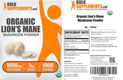 BulkSupplements.com Organic Lion's Mane Mushroom Powder 1000 mg product packaging