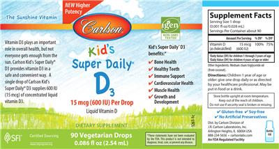 Carlson Kid's Super Daily D3 15 mcg (600 IU) source label used in the packaging illustration
