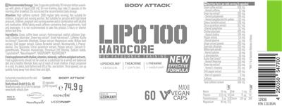 Body Attack Lipo 100 Hardcore source label used in the packaging illustration