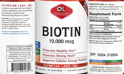 OL Olympian Labs Biotin 10000 mcg source label used in the packaging illustration