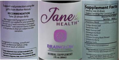 Jane Health BrainGlow Tincture Reduced Alcohol source label used in the packaging illustration