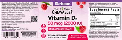 Bluebonnet EarthSweet Chewables Vitamin D3 50 mcg (2000 IU) Raspberry Flavor source label used in the packaging illustration