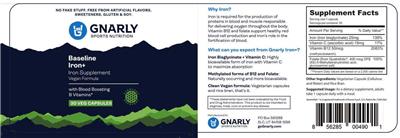 Gnarly Sports Nutrition Baseline Iron+ source label used in the packaging illustration