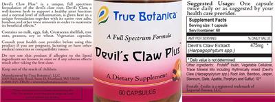 True Botanica Devil's Claw Plus source label used in the packaging illustration